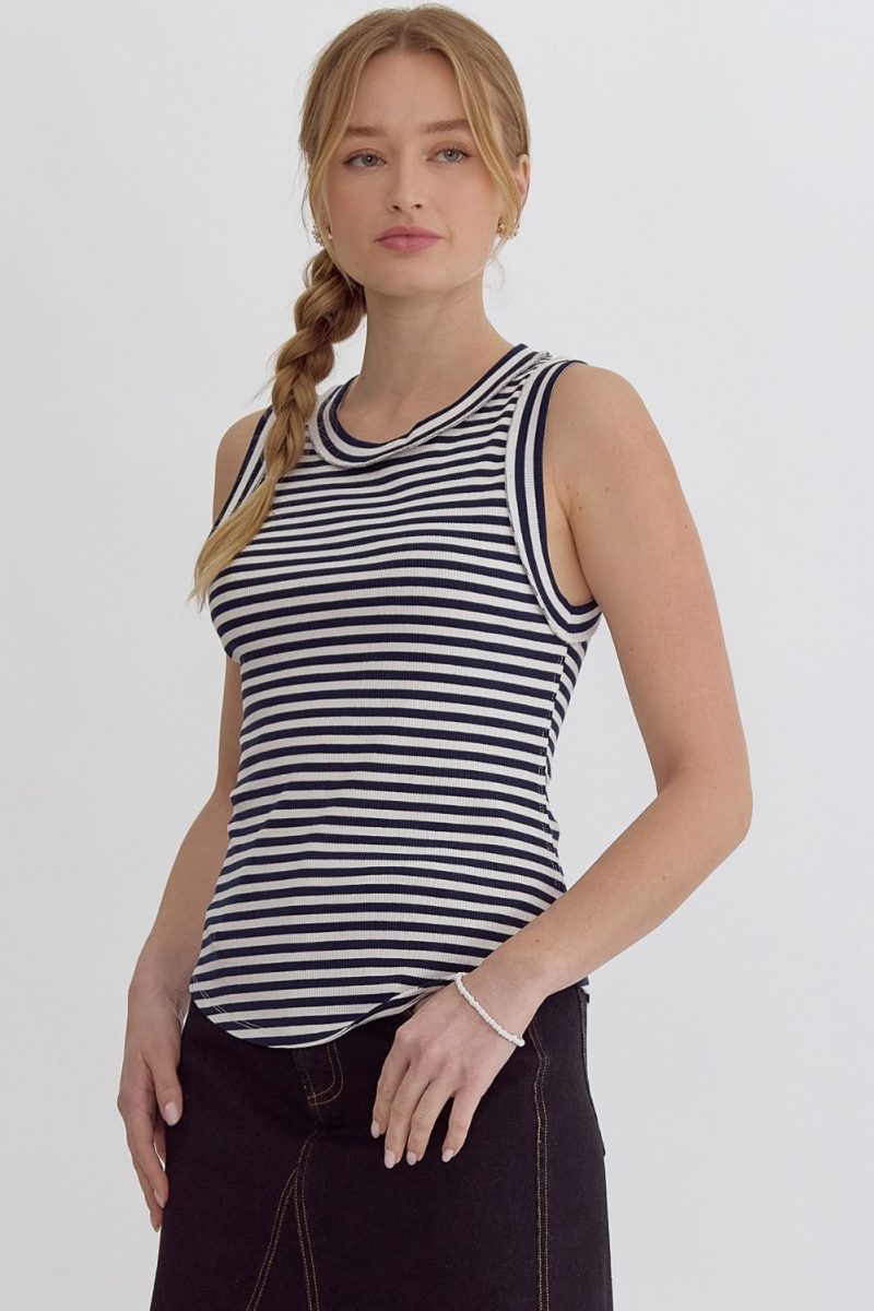 Stripe Print Round Neck Sleeveless Tank - Image 3