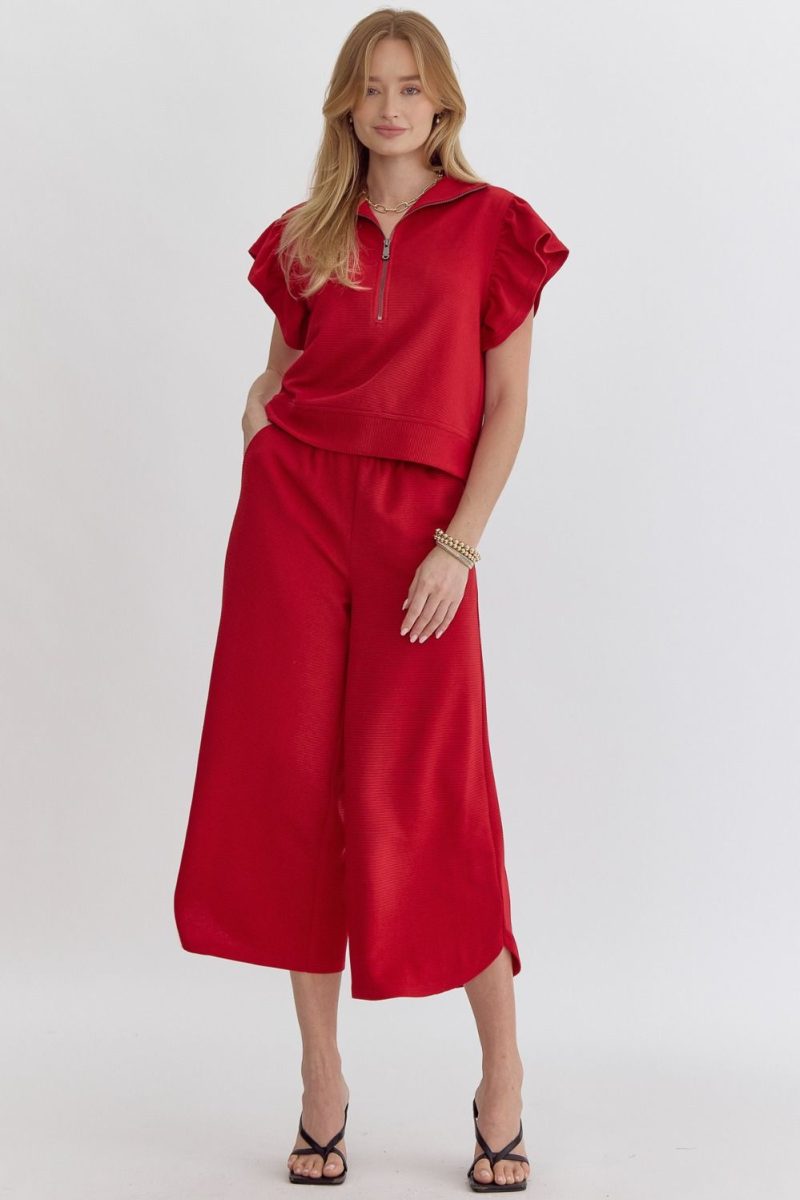 Textured High Waisted Wide Leg Pants With Ruffle Sleeve Top Set - Image 21