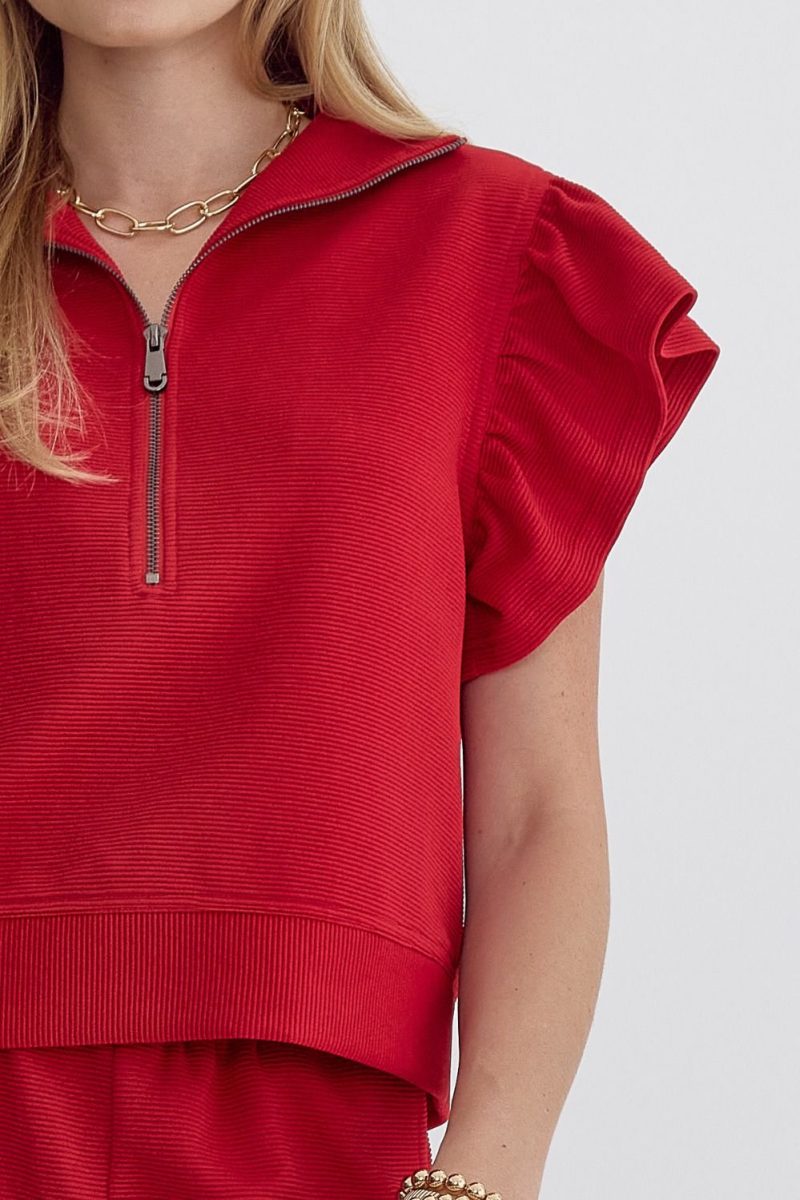 Textured High Waisted Wide Leg Pants With Ruffle Sleeve Top Set - Image 23