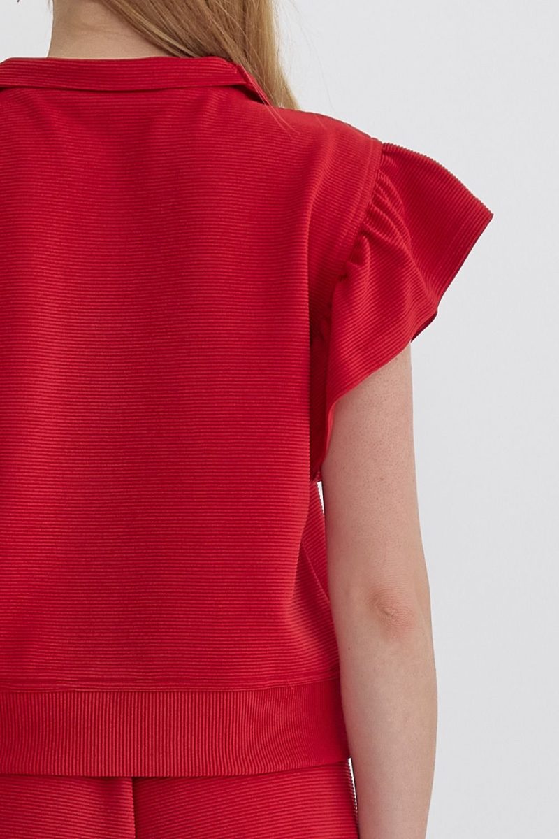 Textured High Waisted Wide Leg Pants With Ruffle Sleeve Top Set - Image 24
