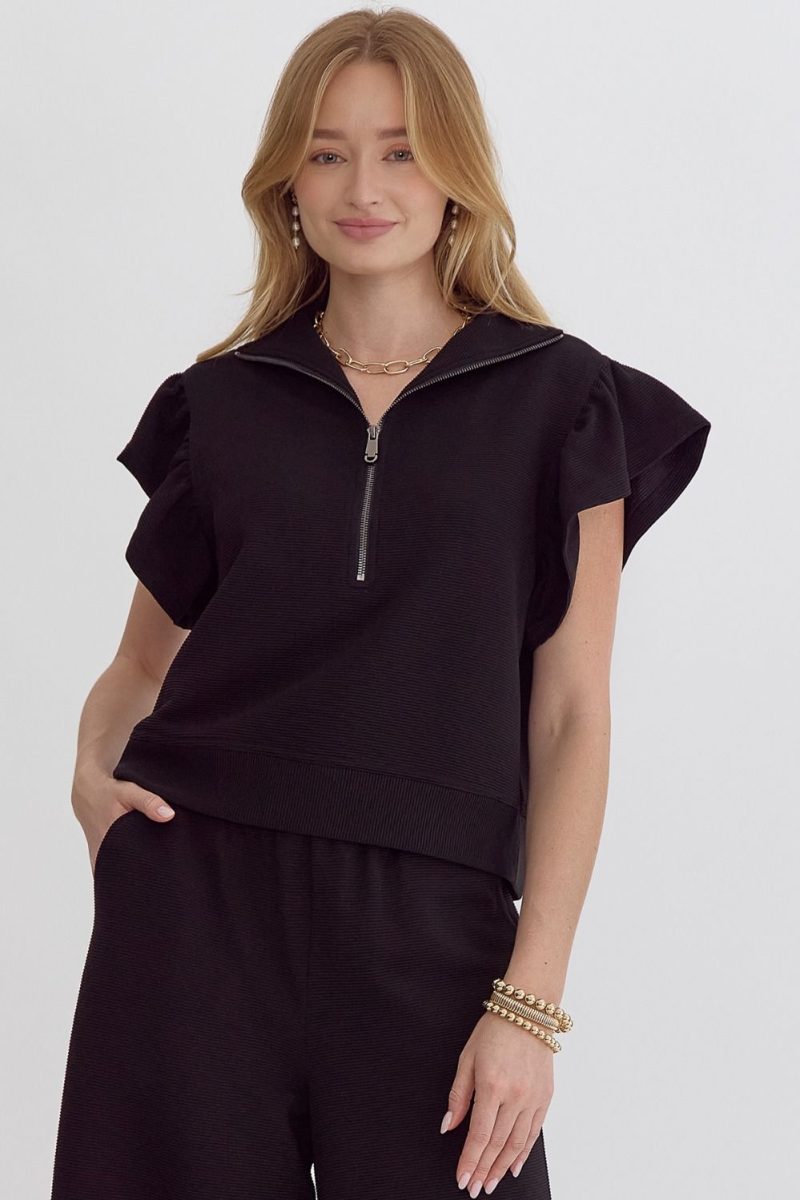 Textured High Waisted Wide Leg Pants With Ruffle Sleeve Top Set - Image 8