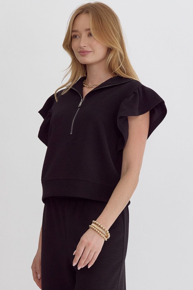Textured High Waisted Wide Leg Pants With Ruffle Sleeve Top Set - Image 11