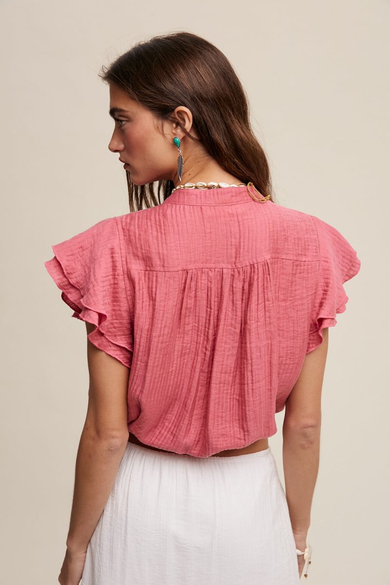 Ruffled Button Front Tie Waist Blouse Top - Image 6