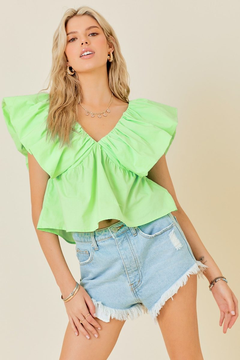 Open V-Neck Ruffle Sleeve Poplin Top - Image 6