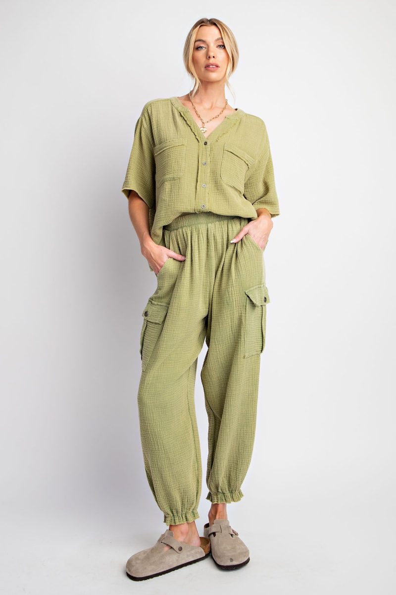 Button Down Cotton Gauze Mineral Washed Top - Image 4