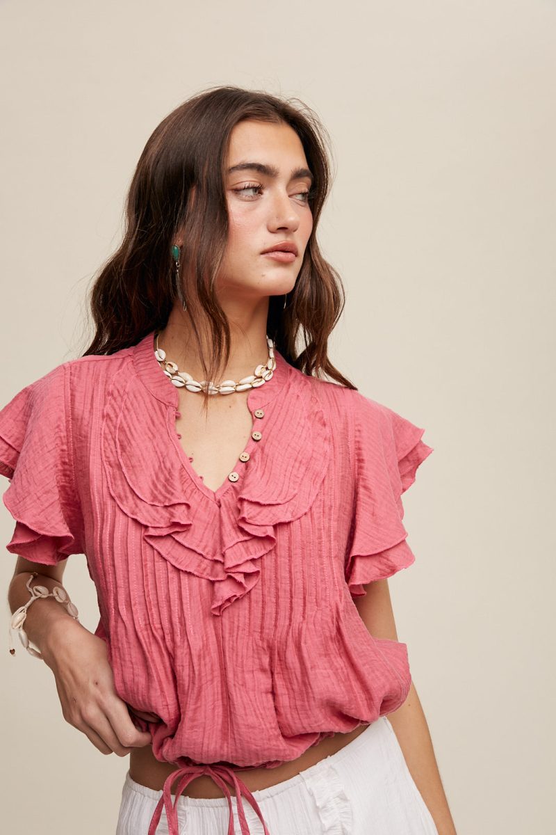 Ruffled Button Front Tie Waist Blouse Top - Image 2