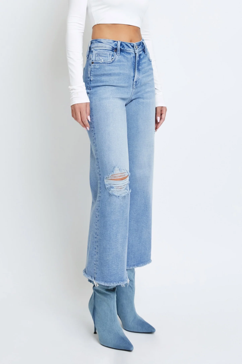 Vintage Wash Knee Distressed Cropped Wideleg Jeans - Image 3