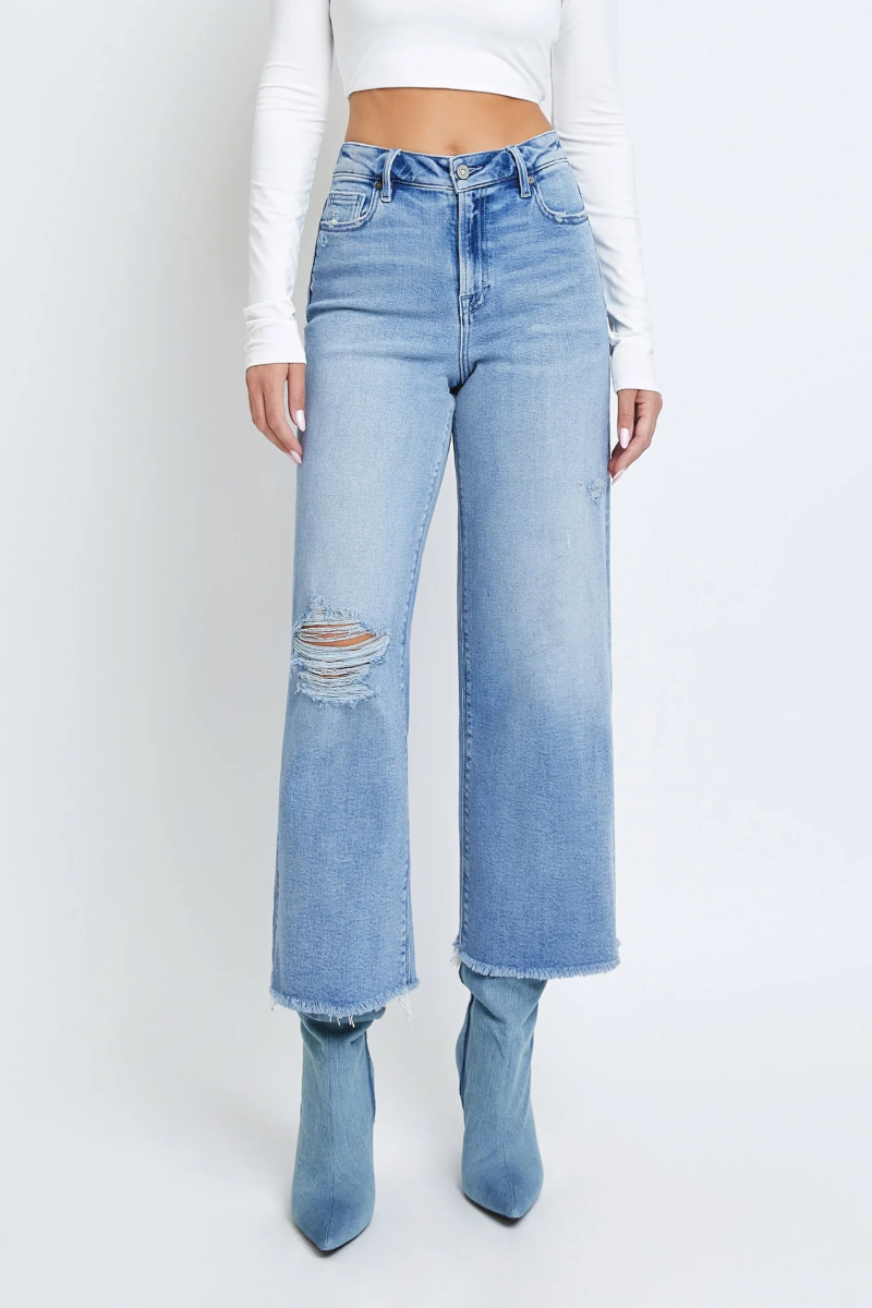 Vintage Wash Knee Distressed Cropped Wideleg Jeans - Image 2
