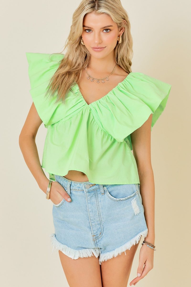 Open V-Neck Ruffle Sleeve Poplin Top - Image 2