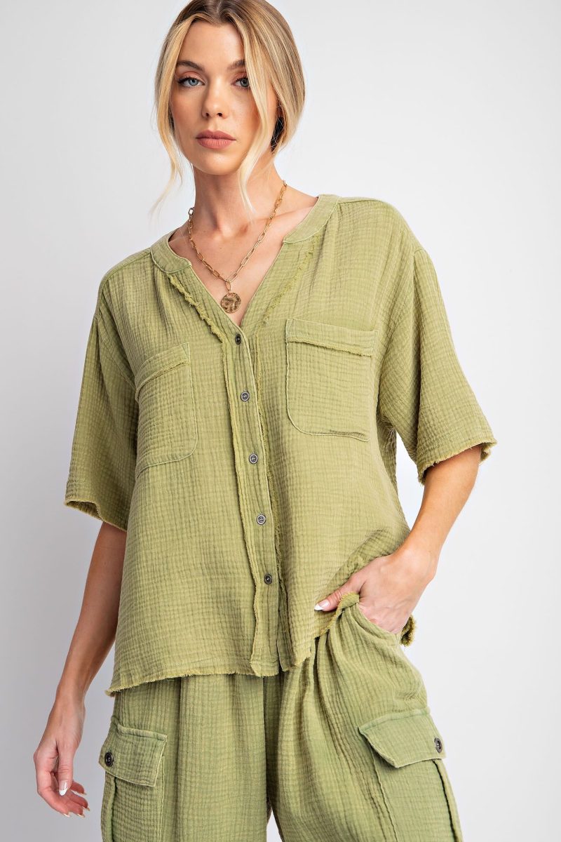Button Down Cotton Gauze Mineral Washed Top - Image 5