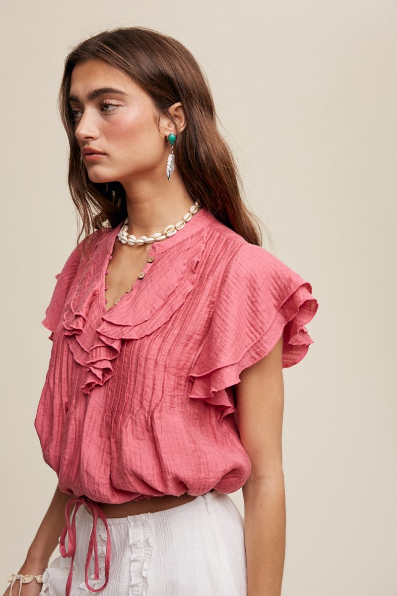 Ruffled Button Front Tie Waist Blouse Top - Image 5