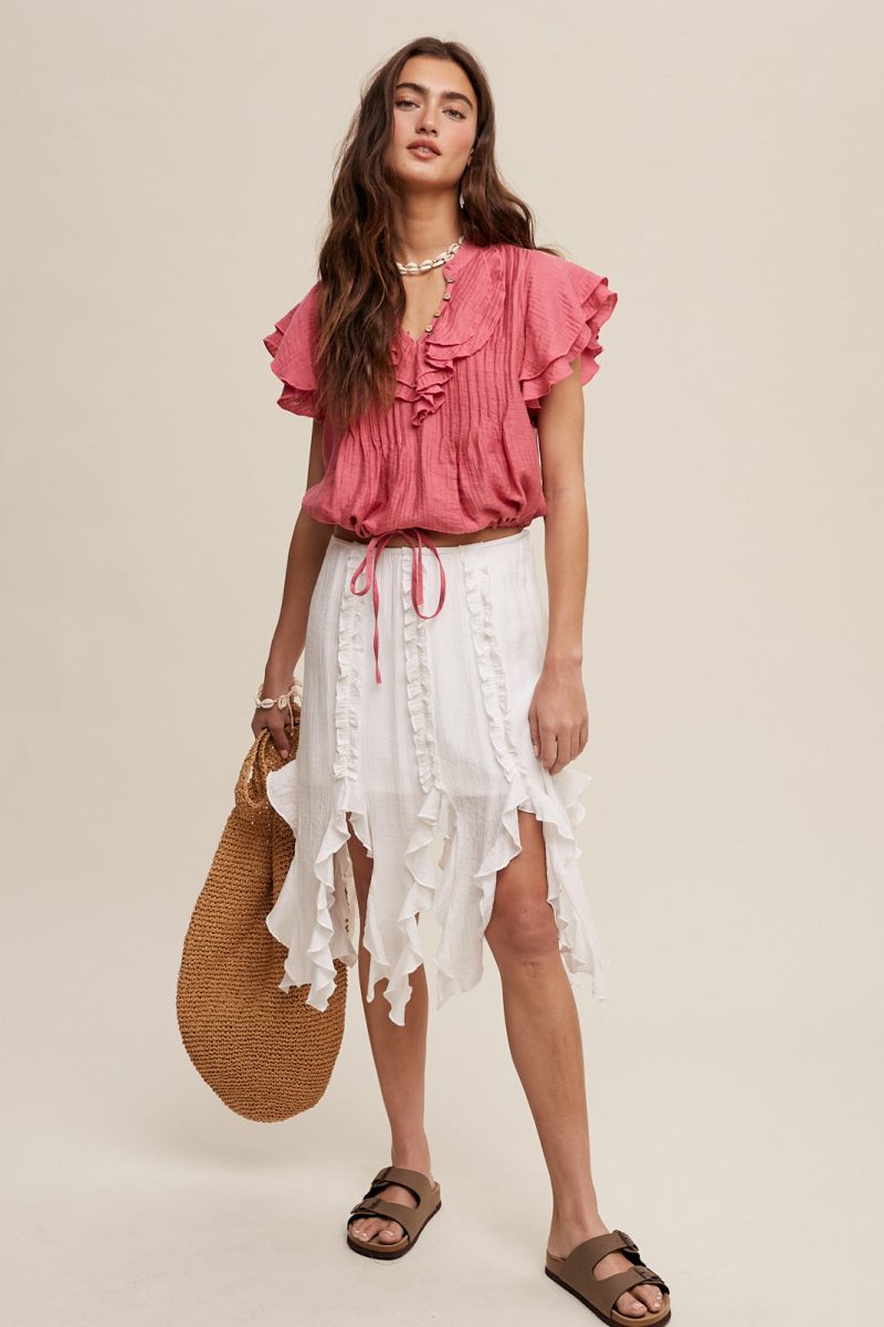 Ruffled Button Front Tie Waist Blouse Top - Image 8