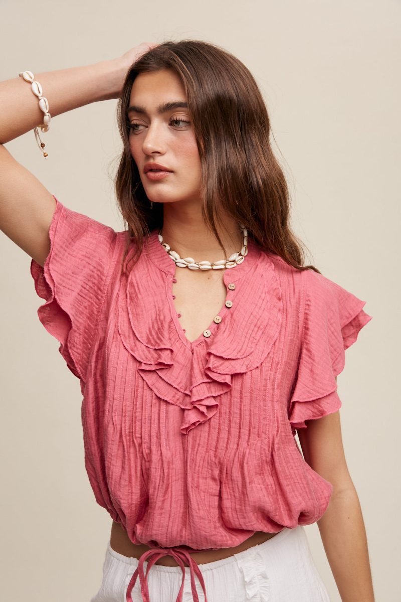 Ruffled Button Front Tie Waist Blouse Top - Image 3
