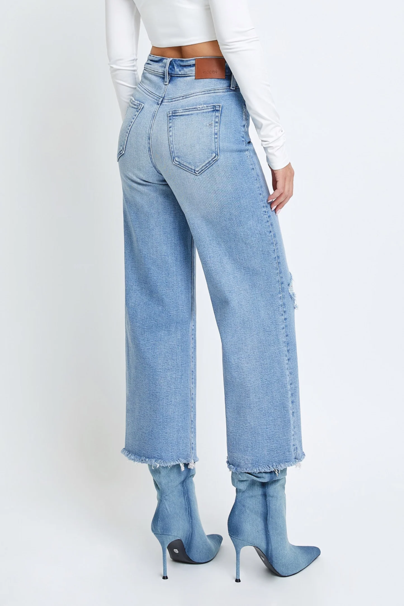 Vintage Wash Knee Distressed Cropped Wideleg Jeans - Image 4