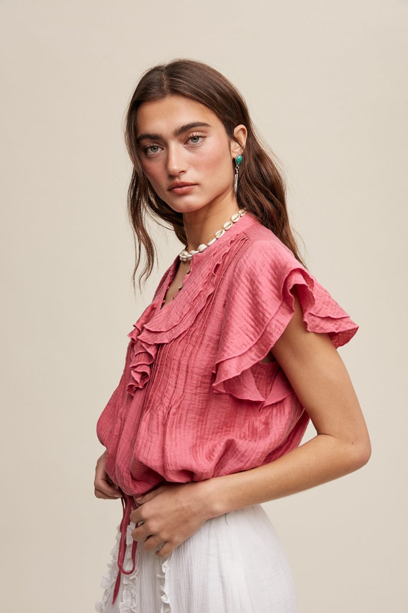 Ruffled Button Front Tie Waist Blouse Top - Image 4