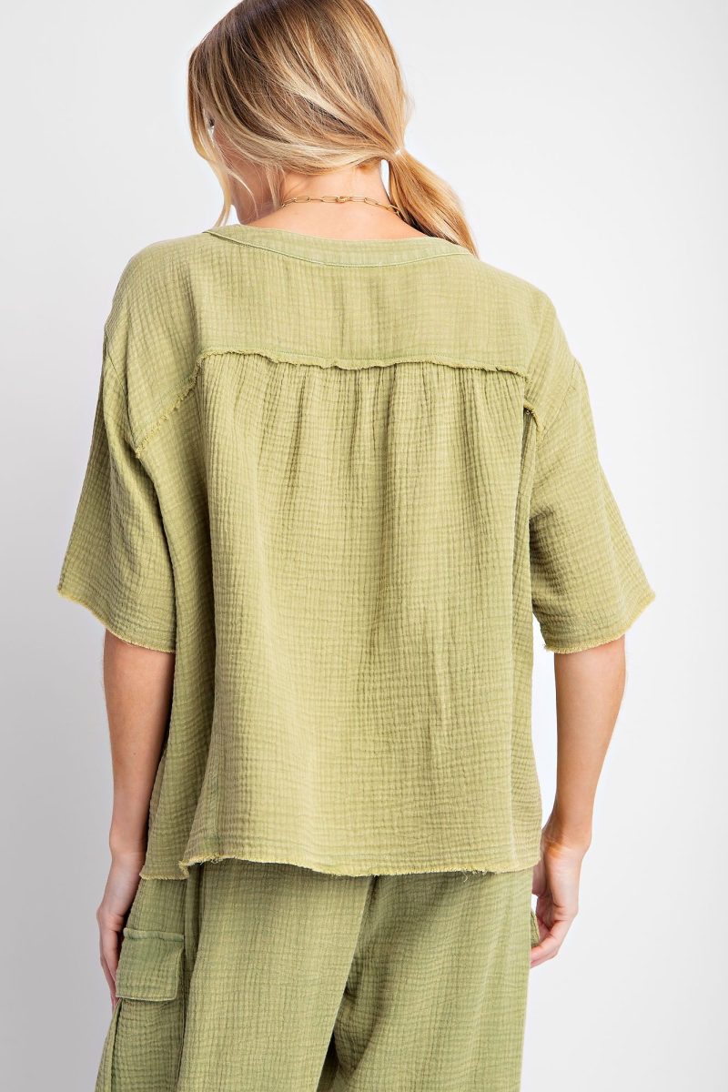 Button Down Cotton Gauze Mineral Washed Top - Image 3